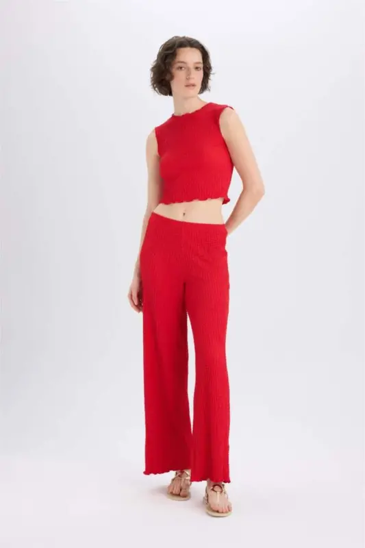 Regular Fit Beli Rezinkali Basic Tekis Burmali Shim - Qizil - 2