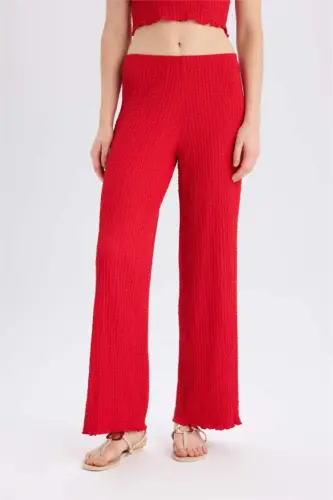 Regular Fit Beli Rezinkali Basic Tekis Burmali Shim - Qizil - 4