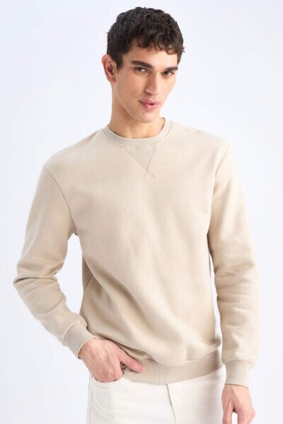 Regular Fit Bisiklet Yaka Kalın Basic Düz Sweatshirt-Taş - DEFACTO