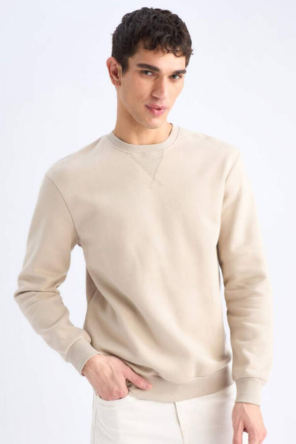 Regular Fit Bisiklet Yaka Kalın Basic Düz Sweatshirt-Taş - 1