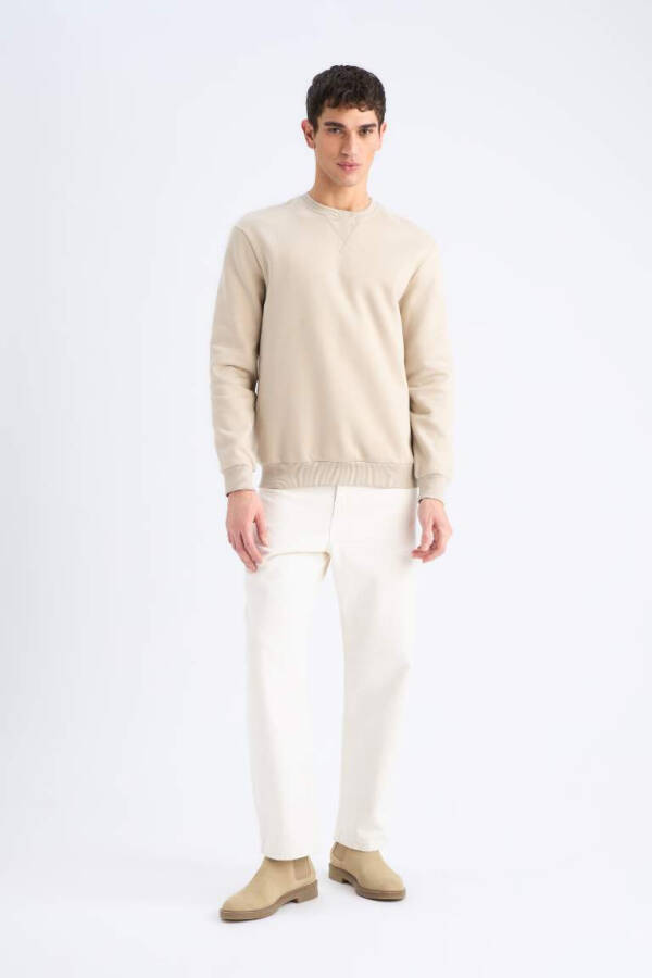 Regular Fit Bisiklet Yaka Kalın Basic Düz Sweatshirt-Taş - 2