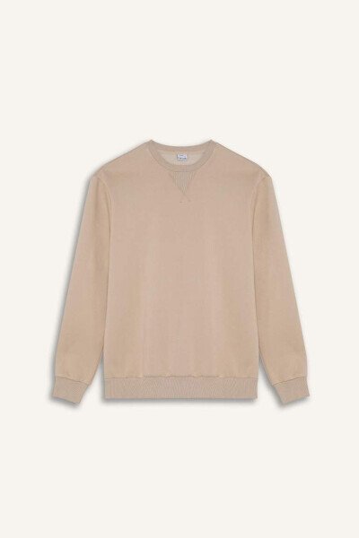 Regular Fit Bisiklet Yaka Kalın Basic Düz Sweatshirt-Taş - 7