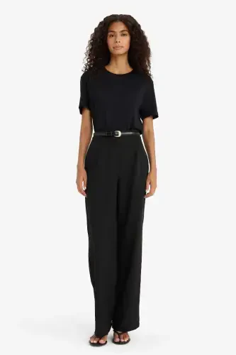 Regular Fit Bisiklet Yaka Basic Düz Penye Kısa Kollu Siyah Tişört-Siyah - 2