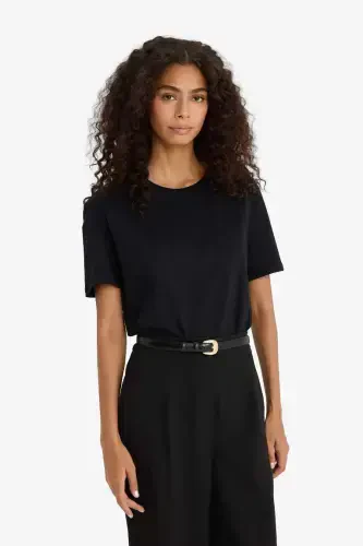 Regular Fit Bisiklet Yaka Basic Düz Penye Kısa Kollu Siyah Tişört-Siyah - 3