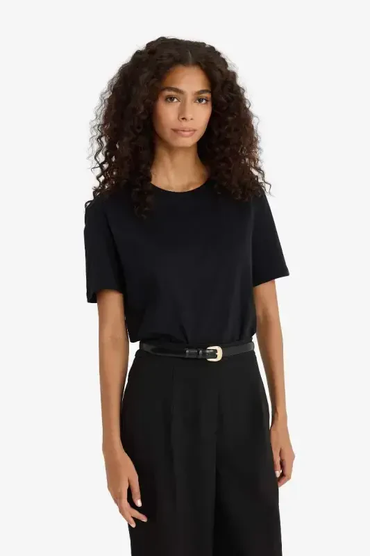 Regular Fit Bisiklet Yaka Basic Düz Penye Kısa Kollu Siyah Tişört-Siyah - 3