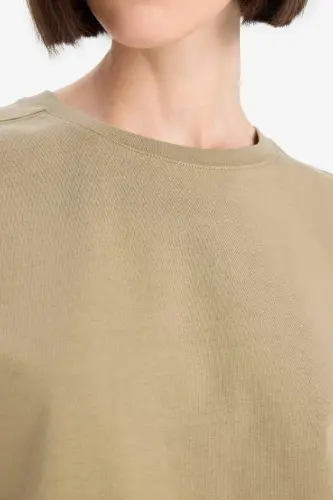 Regular Fit Bisiklet Yaka Basic Düz Premium Kısa Kollu Tişört-Haki - DEFACTO (1)