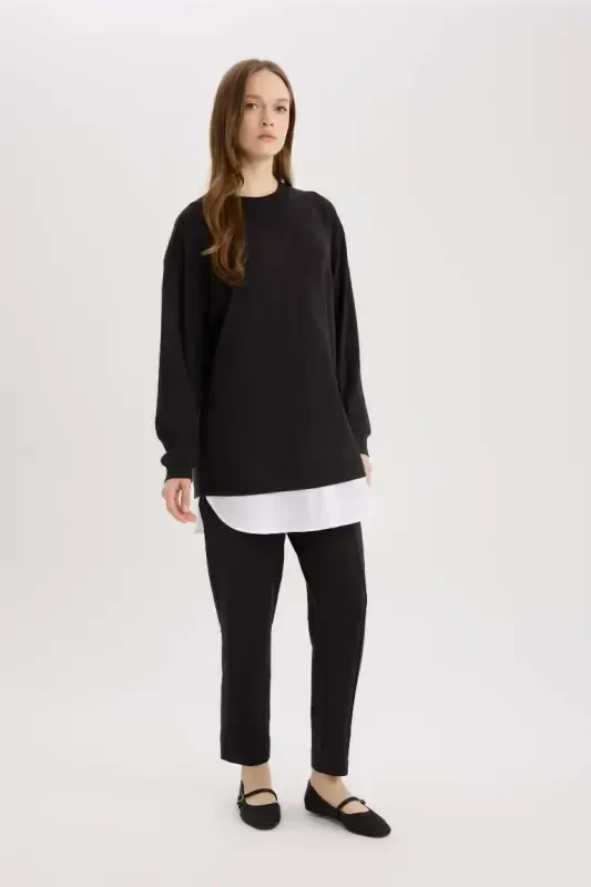 Regular Fit Bisiklet Yaka Basic Düz Sweatshirt Tunik-Siyah - 2