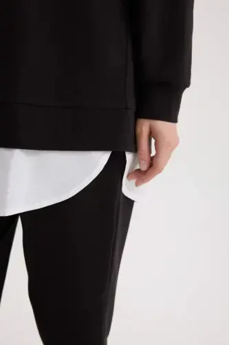 Regular Fit Bisiklet Yaka Basic Düz Sweatshirt Tunik-Siyah - 5