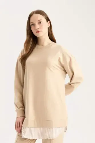 Regular Fit Bisiklet Yaka Basic Düz Sweatshirt Tunik-Taş - 3