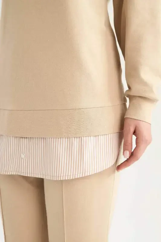 Regular Fit Bisiklet Yaka Basic Düz Sweatshirt Tunik-Taş - 4