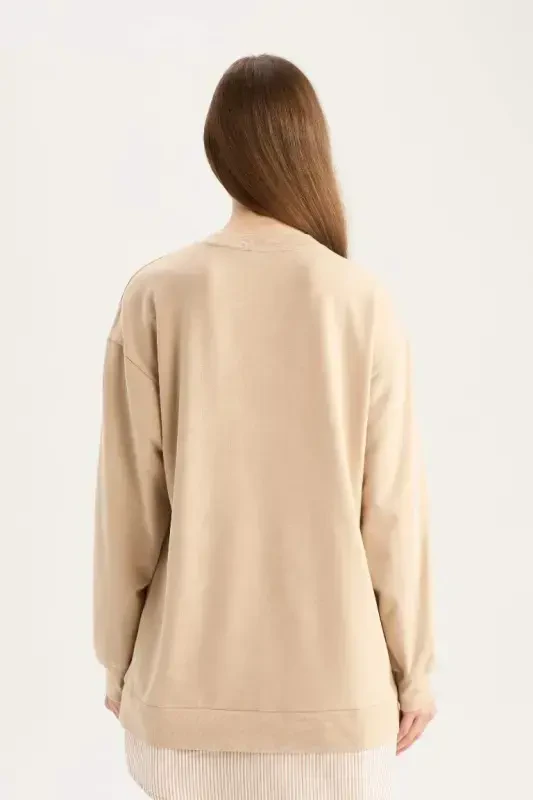 Regular Fit Bisiklet Yaka Basic Düz Sweatshirt Tunik-Taş - 5