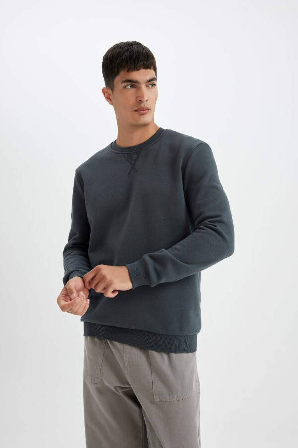 Regular Fit Bisiklet Yaka Basic Pamuklu Sweatshirt Antrasit - 4