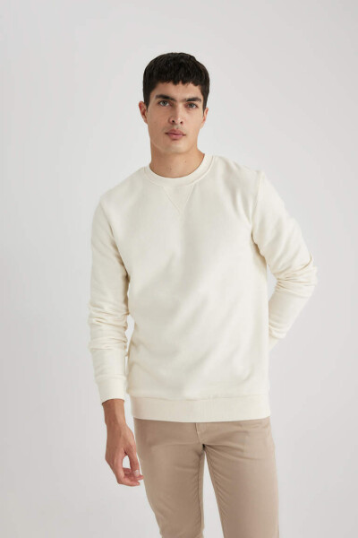 Regular Fit Bisiklet Yaka Basic Pamuklu Sweatshirt Ekru - 6