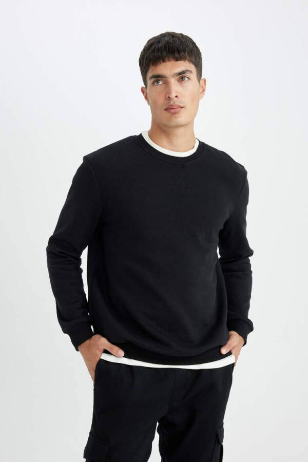 Regular Fit Bisiklet Yaka Basic Pamuklu Sweatshirt Siyah - 3