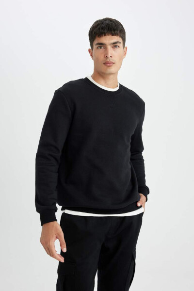 Regular Fit Bisiklet Yaka Basic Pamuklu Sweatshirt Siyah - 4