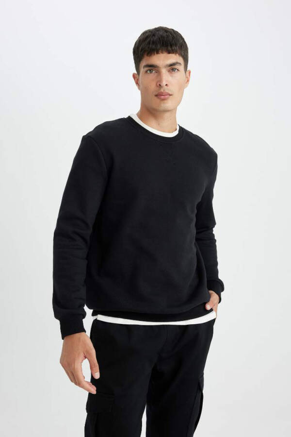 Regular Fit Bisiklet Yaka Basic Pamuklu Sweatshirt Siyah - 4