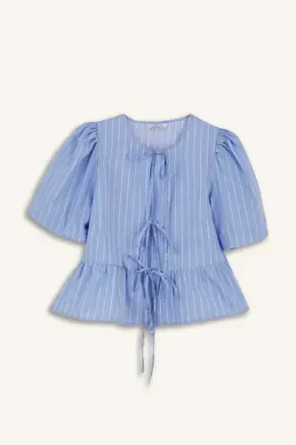 Regular Fit Bisiklet Yaka Çizgili Önden Bağlamalı Poplin Kısa Kollu Bluz-Mavi - 7