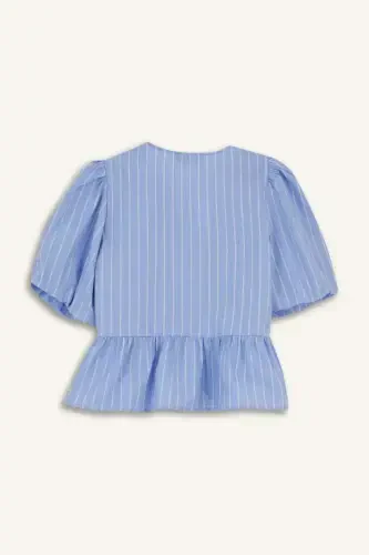 Regular Fit Bisiklet Yaka Çizgili Önden Bağlamalı Poplin Kısa Kollu Bluz-Mavi - 9