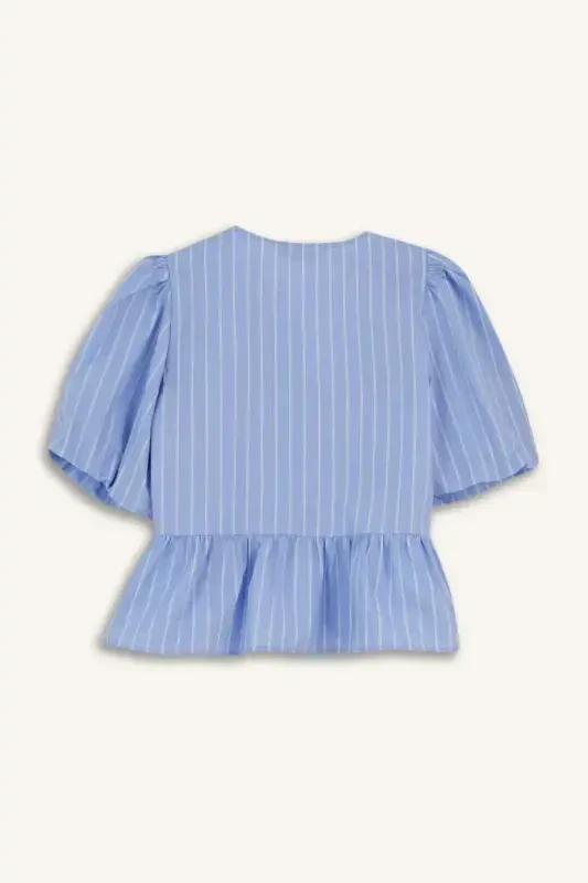 Regular Fit Bisiklet Yaka Çizgili Önden Bağlamalı Poplin Kısa Kollu Bluz-Mavi - 9