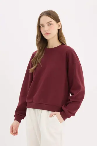 Regular Fit Bisiklet Yaka Kalın Basic Düz Sweatshirt-Bordo - 3