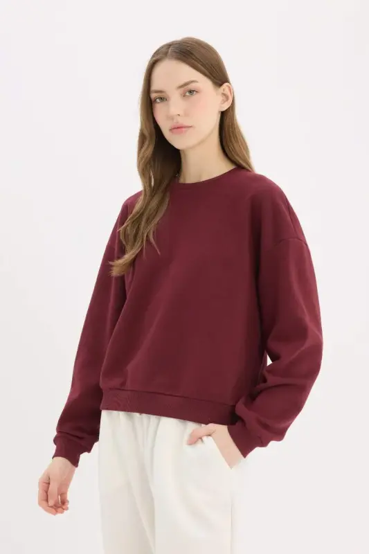 Regular Fit Bisiklet Yaka Kalın Basic Düz Sweatshirt-Bordo - 3