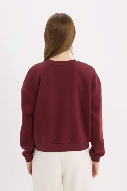 Regular Fit Bisiklet Yaka Kalın Basic Düz Sweatshirt-Bordo - 6