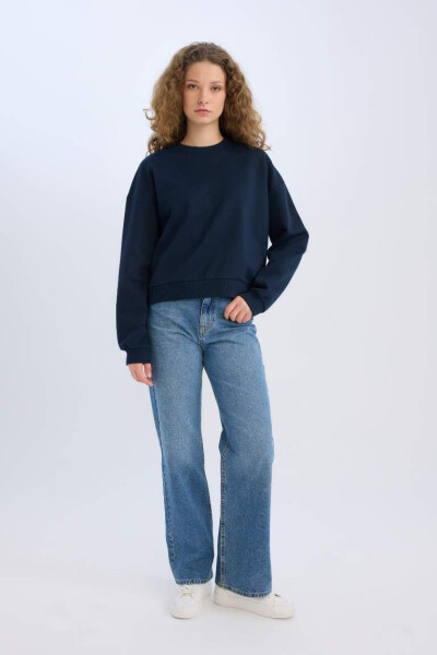 Regular Fit Bisiklet Yaka Kalın Basic Düz Sweatshirt Lacivert - 2