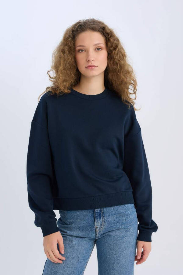 Regular Fit Bisiklet Yaka Kalın Basic Düz Sweatshirt Lacivert - 4