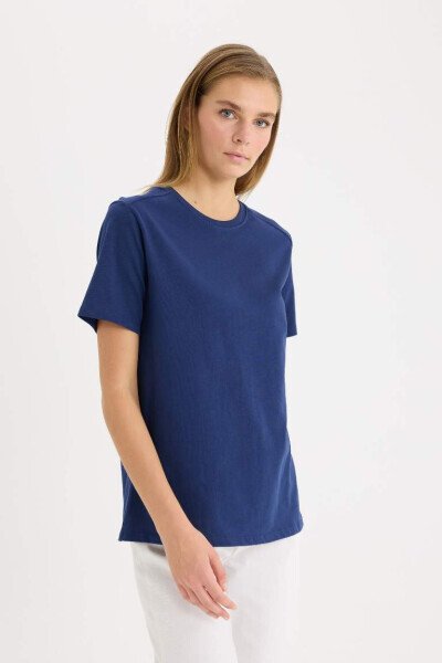 Regular Fit Bisiklet Yaka Premium Kısa Kollu Tişört-Lacivert - 4