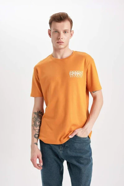 Regular Fit Bisiklet Yaka Sırt Baskılı Kısa Kollu Ağır Kumaş Tişört Turuncu - 5