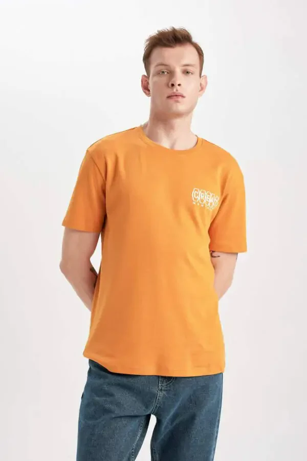 Regular Fit Bisiklet Yaka Sırt Baskılı Kısa Kollu Ağır Kumaş Tişört Turuncu - 7