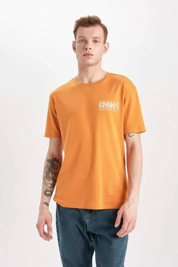 Regular Fit Bisiklet Yaka Sırt Baskılı Kısa Kollu Ağır Kumaş Tişört Turuncu - 8