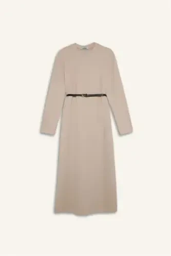 Regular Fit Bisiklet Yaka Uzun Kollu Kemerli Selanik Kumaş Maxi Elbise-Doğal Bej - 6