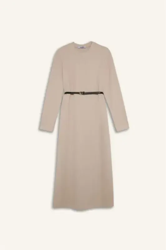 Regular Fit Bisiklet Yaka Uzun Kollu Kemerli Selanik Kumaş Maxi Elbise-Doğal Bej - 6