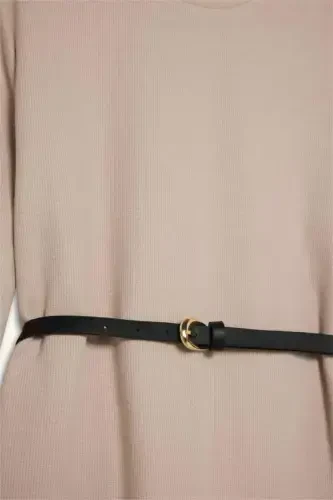 Regular Fit Bisiklet Yaka Uzun Kollu Kemerli Selanik Kumaş Maxi Elbise-Doğal Bej - 7