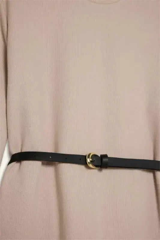 Regular Fit Bisiklet Yaka Uzun Kollu Kemerli Selanik Kumaş Maxi Elbise-Doğal Bej - 7