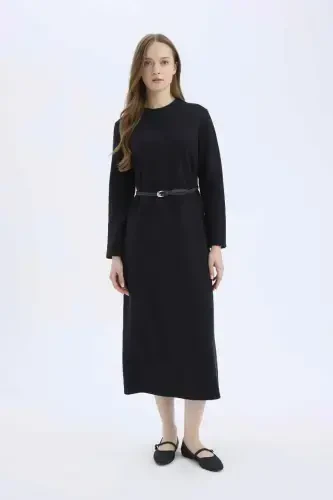Regular Fit Bisiklet Yaka Uzun Kollu Kemerli Selanik Kumaş Maxi Tesettür Elbise-Siyah - DEFACTO (1)