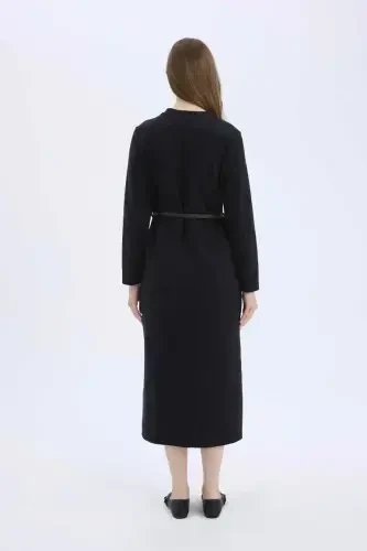 Regular Fit Bisiklet Yaka Uzun Kollu Kemerli Selanik Kumaş Maxi Tesettür Elbise-Siyah - 5