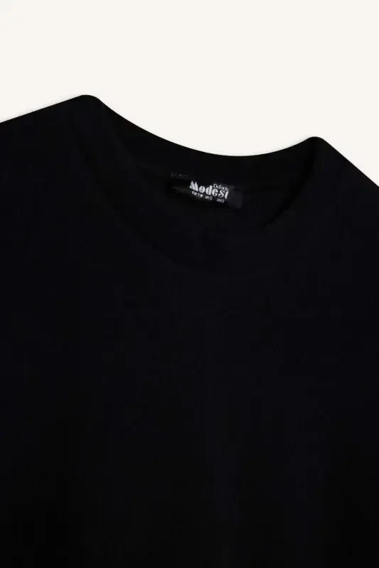 Regular Fit Bisiklet Yaka Uzun Kollu Kemerli Selanik Kumaş Maxi Tesettür Elbise-Siyah - 7