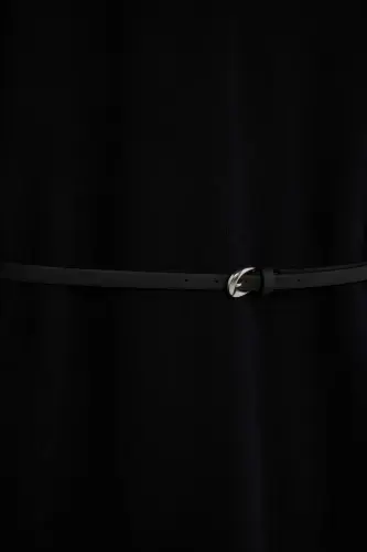 Regular Fit Bisiklet Yaka Uzun Kollu Kemerli Selanik Kumaş Maxi Tesettür Elbise-Siyah - 8