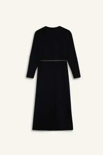 Regular Fit Bisiklet Yaka Uzun Kollu Kemerli Selanik Kumaş Maxi Tesettür Elbise-Siyah - 9