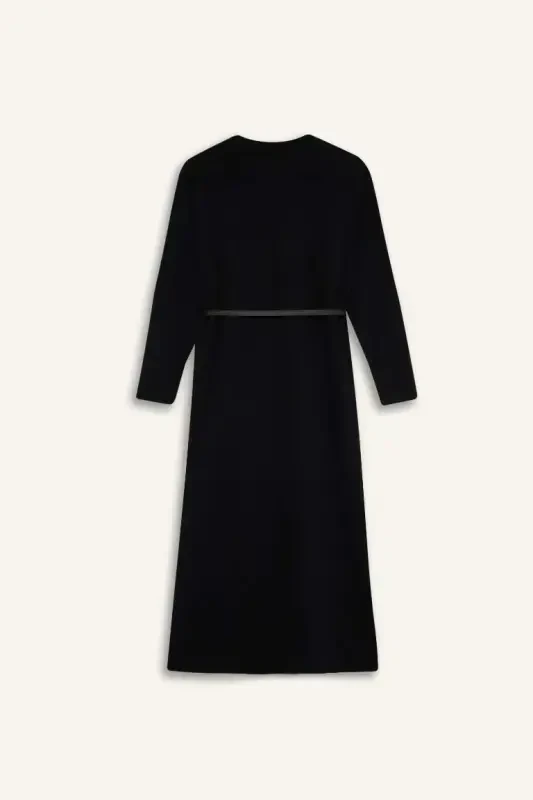 Regular Fit Bisiklet Yaka Uzun Kollu Kemerli Selanik Kumaş Maxi Tesettür Elbise-Siyah - 9