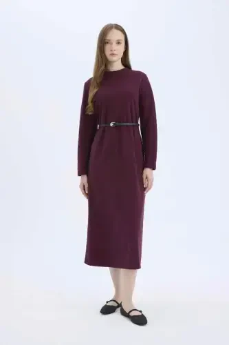Regular Fit Bisiklet Yaka Uzun Kollu Kemerli Selanik Kumaş Maxi Tesettür Elbise-Bordo 