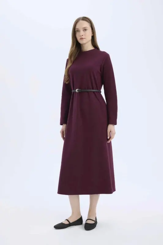 Regular Fit Bisiklet Yaka Uzun Kollu Kemerli Selanik Kumaş Maxi Tesettür Elbise-Bordo - 3