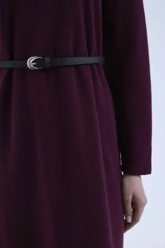 Regular Fit Bisiklet Yaka Uzun Kollu Kemerli Selanik Kumaş Maxi Tesettür Elbise-Bordo - 4