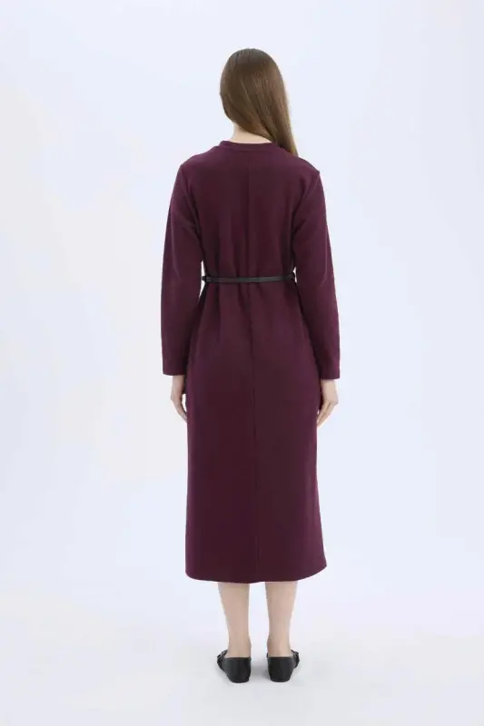 Regular Fit Bisiklet Yaka Uzun Kollu Kemerli Selanik Kumaş Maxi Tesettür Elbise-Bordo - 5