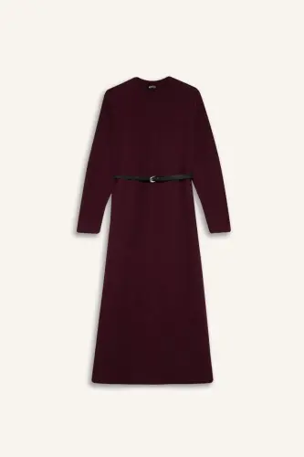 Regular Fit Bisiklet Yaka Uzun Kollu Kemerli Selanik Kumaş Maxi Tesettür Elbise-Bordo - 6