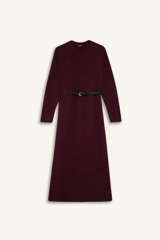 Regular Fit Bisiklet Yaka Uzun Kollu Kemerli Selanik Kumaş Maxi Tesettür Elbise-Bordo - 6