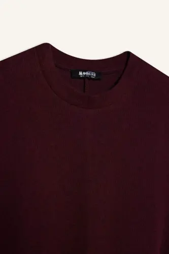 Regular Fit Bisiklet Yaka Uzun Kollu Kemerli Selanik Kumaş Maxi Tesettür Elbise-Bordo - 7
