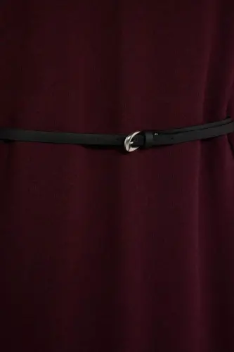 Regular Fit Bisiklet Yaka Uzun Kollu Kemerli Selanik Kumaş Maxi Tesettür Elbise-Bordo - 8